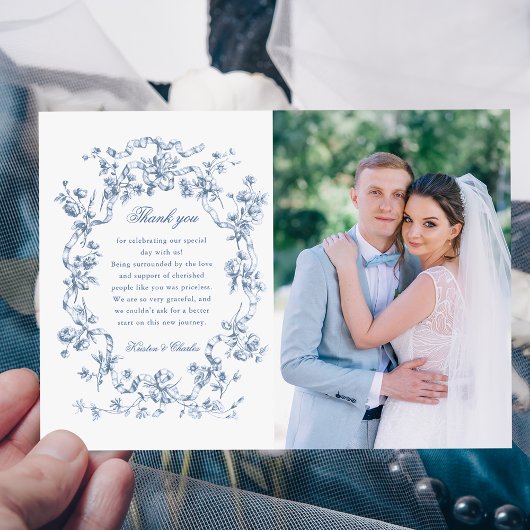 Classic French Blue Flowers & Ribbons Photo サンキューカード