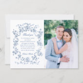 Classic French Blue Flowers & Ribbons Photo サンキューカード (正面)