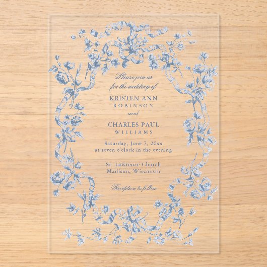 Classic French Blue Flowers & Ribbons Wedding アクリル招待状 (正面)