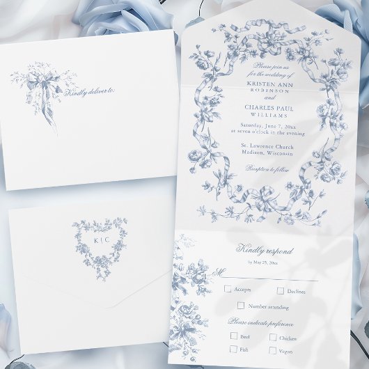 Classic French Blue Flowers & Ribbons Wedding オールインワン招待状