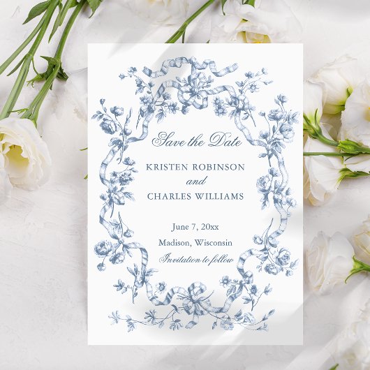 Classic French Blue Flowers & Ribbons Wedding セーブザデート