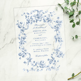 Classic French Blue Flowers & Ribbons Wedding ベラム紙招待状