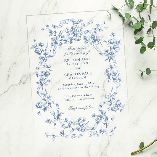 Classic French Blue Flowers & Ribbons Wedding ベラム紙招待状