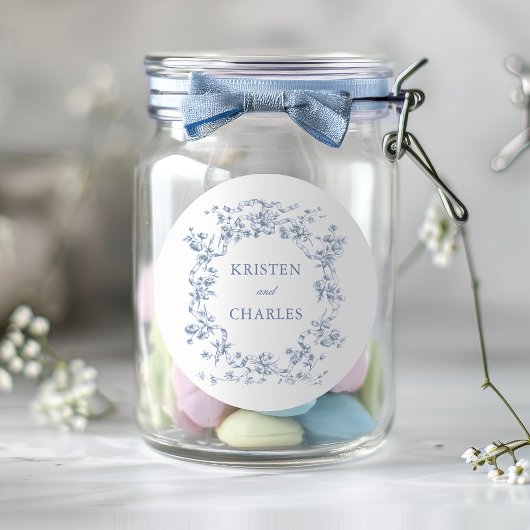 Classic French Blue Flowers & Ribbons Wedding ラウンドシール