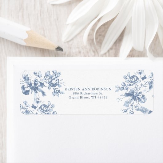Classic French Blue Flowers & Ribbons Wedding ラベル (インサイチュ)