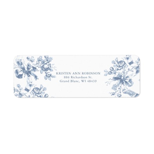 Classic French Blue Flowers & Ribbons Wedding ラベル (正面)