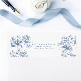 Classic French Blue Flowers & Ribbons Wedding ラベル