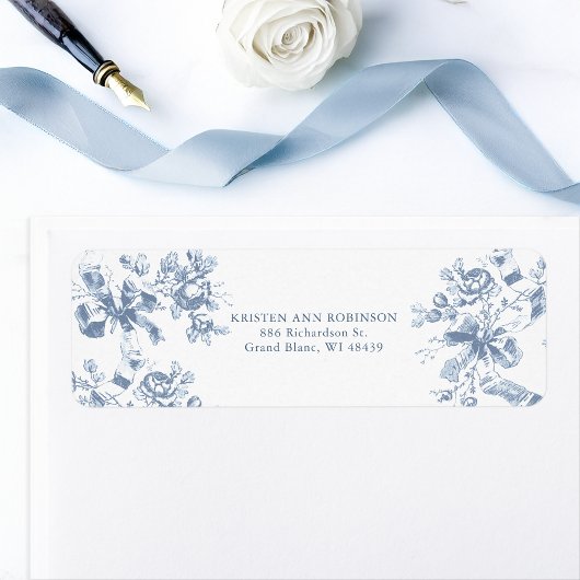 Classic French Blue Flowers & Ribbons Wedding ラベル