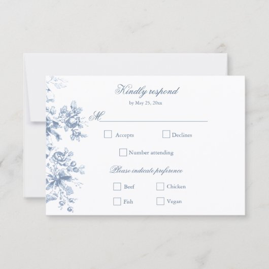 Classic French Blue Flowers & Ribbons Wedding 出欠カード (正面)