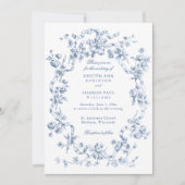 Classic French Blue Flowers & Ribbons Wedding 招待状 (正面)