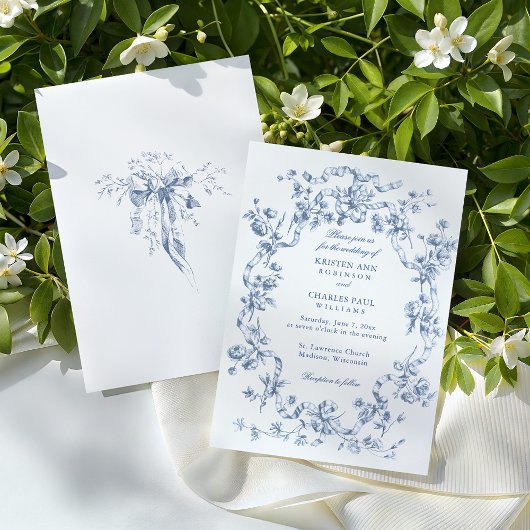 Classic French Blue Flowers & Ribbons Wedding 招待状