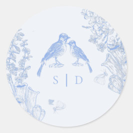 Classic French Blue White Floral Birds Wedding  ラウンドシール