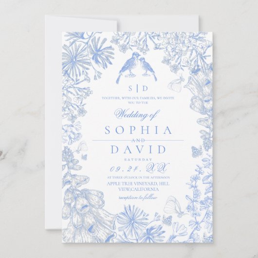  Classic French Blue White Floral Wedding  招待状 (正面)