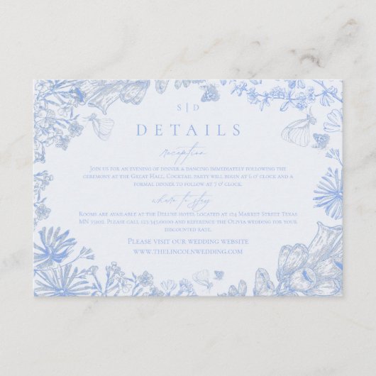 Classic French Blue White Floral Wedding Enclosure エンクロージャーカード (正面)