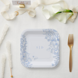 Classic French Blue White Floral Wedding Enclosure ペーパープレート