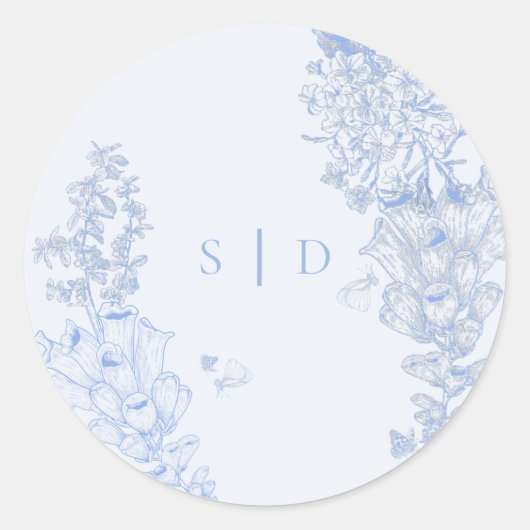 Classic French Blue White Floral Wedding Enclosure ラウンドシール (正面)