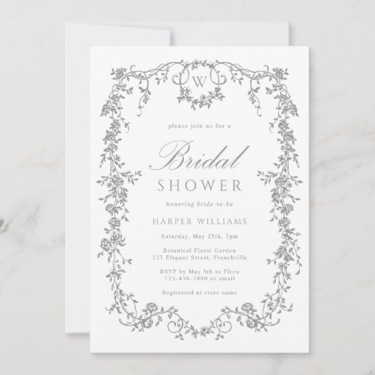 Classic French Floral Gray Bridal Shower 招待状 (正面)