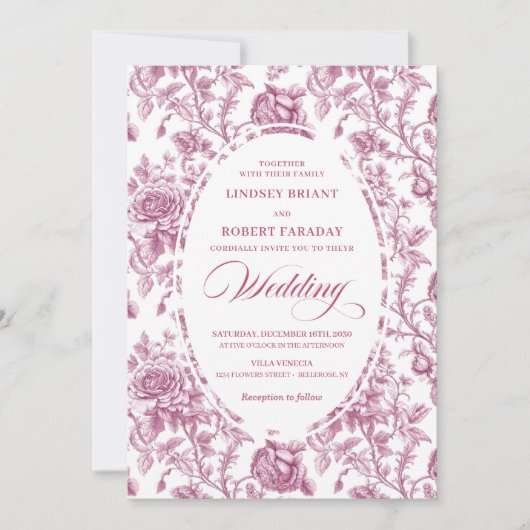 Classic French Toile Roses Pink Wedding Invitation 招待状 (正面)
