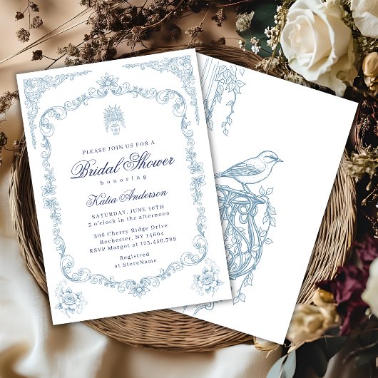 Classic French Victorian Toile Blue Bridal Shower 招待状
