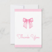 Classic Gingham Pink Bow Baby Shower サンキューカード (正面)