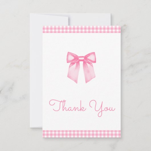 Classic Gingham Pink Bow Baby Shower サンキューカード (正面)