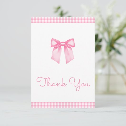 Classic Gingham Pink Bow Baby Shower サンキューカード (スタンド正面)