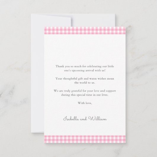 Classic Gingham Pink Bow Baby Shower サンキューカード (裏面)