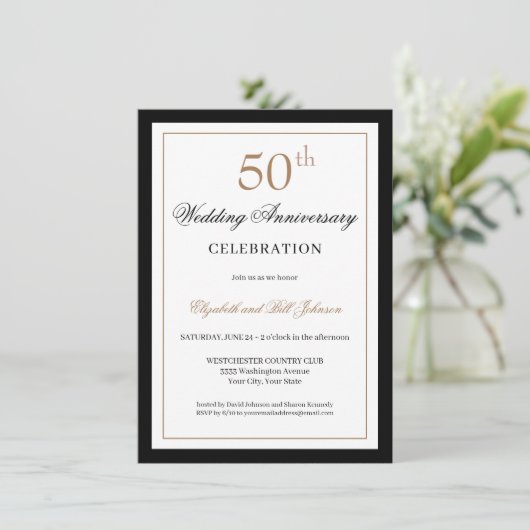 Classic Gold Black 50th Wedding Anniversary 招待状 (スタンド正面)