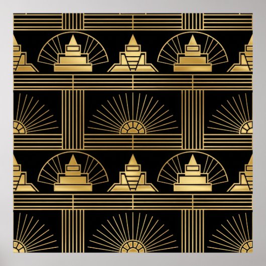 Classic Gold & Black Art Deco Seamless Pattern ポスター (正面)