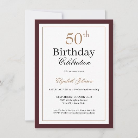 Classic Gold Burgundy 50th Birthday Party 招待状 (正面)