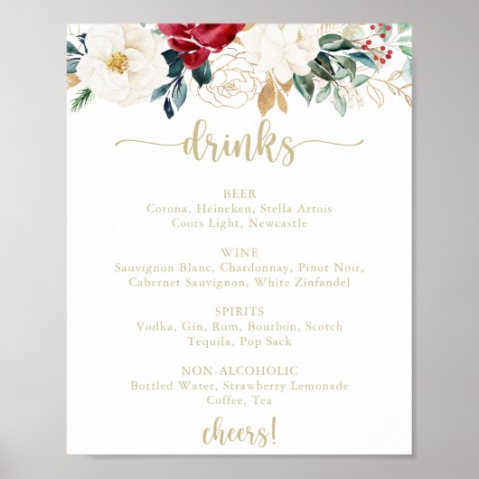 Classic Gold Floral Wedding Drinks Menu  ポスター (正面)