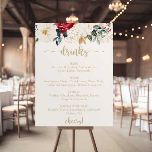 Classic Gold Floral Wedding Drinks Menu  ポスター