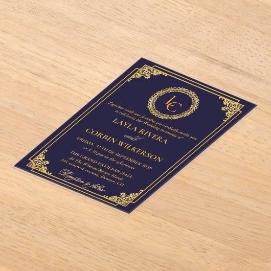 Classic Gold Frame Royal Monogram Wedding アクリル招待状 (レイダウン)