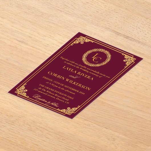 Classic Gold Frame Royal Monogram Wedding アクリル招待状 (レイダウン)