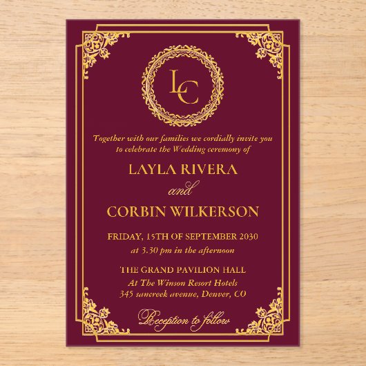 Classic Gold Frame Royal Monogram Wedding アクリル招待状 (正面)