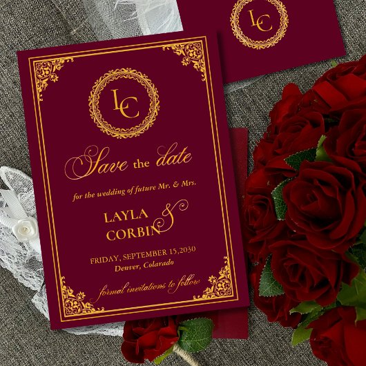 Classic Gold Frame Royal Monogram Wedding セーブザデート