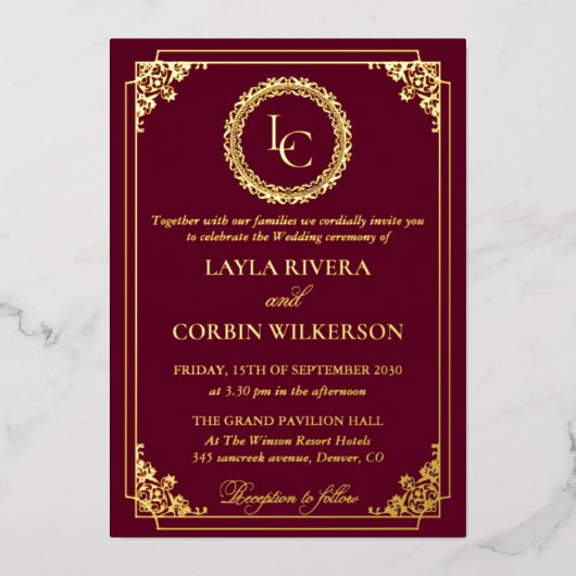 Classic Gold Frame Royal Monogram Wedding 箔招待状 (正面)