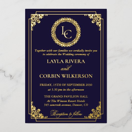 Classic Gold Frame Royal Monogram Wedding 箔招待状 (正面)