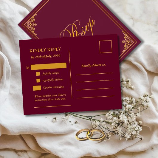 Classic Gold Frame Wedding RSVP Postcard ポストカード