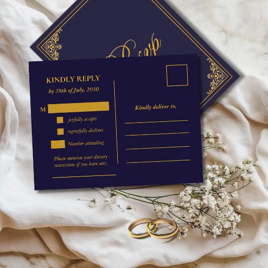 Classic Gold Frame Wedding RSVP Postcard ポストカード