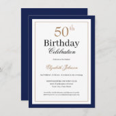 Classic Gold Navy Blue 50th Birthday Party 招待状 (正面/裏面)