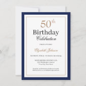 Classic Gold Navy Blue 50th Birthday Party 招待状 (正面)