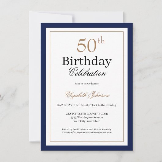Classic Gold Navy Blue 50th Birthday Party 招待状 (正面)