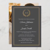 Classic Gray Laurel Wreath Monogram Elegant Photo 招待状 (正面/裏面)