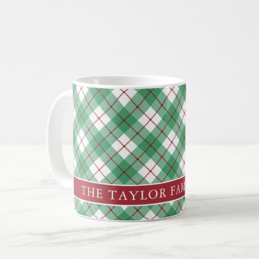 Classic Green Argyle Plaid Preppy Family Name コーヒーマグカップ (正面左)