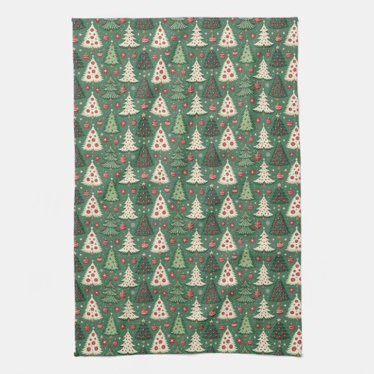 Classic Green Christmas Tree Pattern Holiday キッチンタオル (縦)