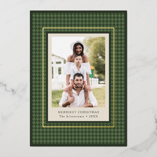 Classic Green Houndstooth Pattern Christmas Photo 箔シーズンカード (正面)