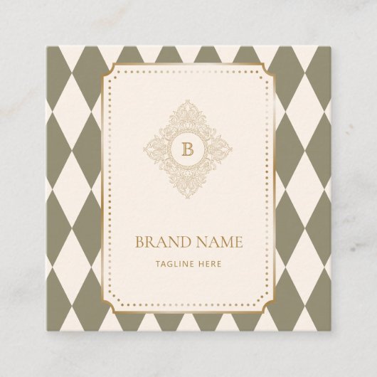 Classic Green & Ivory Argyle Monogram Gold Accent  スクエア名刺 (正面)