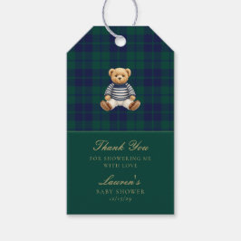 Classic Green Navy Plaid Bear Baby Shower  ギフトタグ