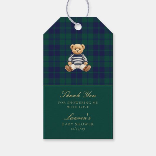 Classic Green Navy Plaid Bear Baby Shower  ギフトタグ (正面)